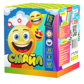 Высота: 20 м<br>Калибр: 0,8<br>Кол-во залпов: 25<br>Время работы: 35 cек<br><br>Красная пальма и белый блеск, зелёная пальма и треск, салюты с красным и зелёным мерцанием, красно-.. Салютная установка "Смайл"